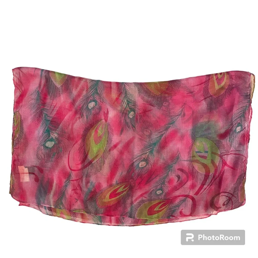 APEXX COLLECTION NEW SCARF PINK GREEN BLACK PEACOCK FEATHERS NWT WRAP RECTANGLE